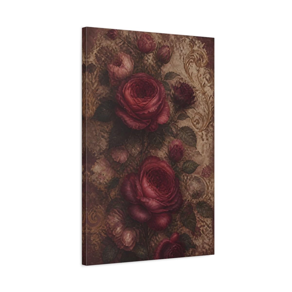 Floral Roses Red And Gold Canvas Print – Vintage Living Room, Above Console Table 20×30 inch (50×75 cm) - Vertical / 1.25 inch (3 cm)
