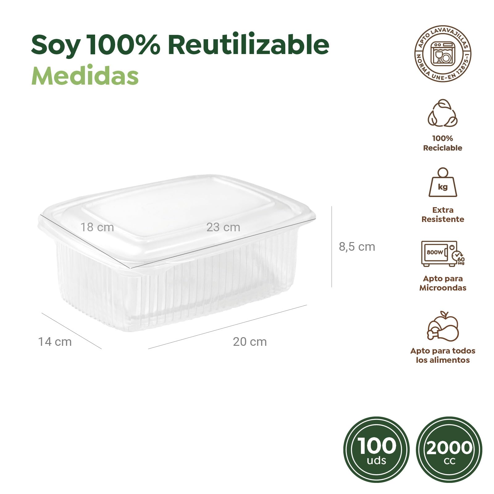 MAXI PRODUCT - 100 Unidades - Envases Alimentarios Plástico PP Reutilizables con Tapa Bisagra - 2000 cc - Apto para Microondas, Congelador y Lavavajillas - Tuppers para Alimentos Calientes o Fríos