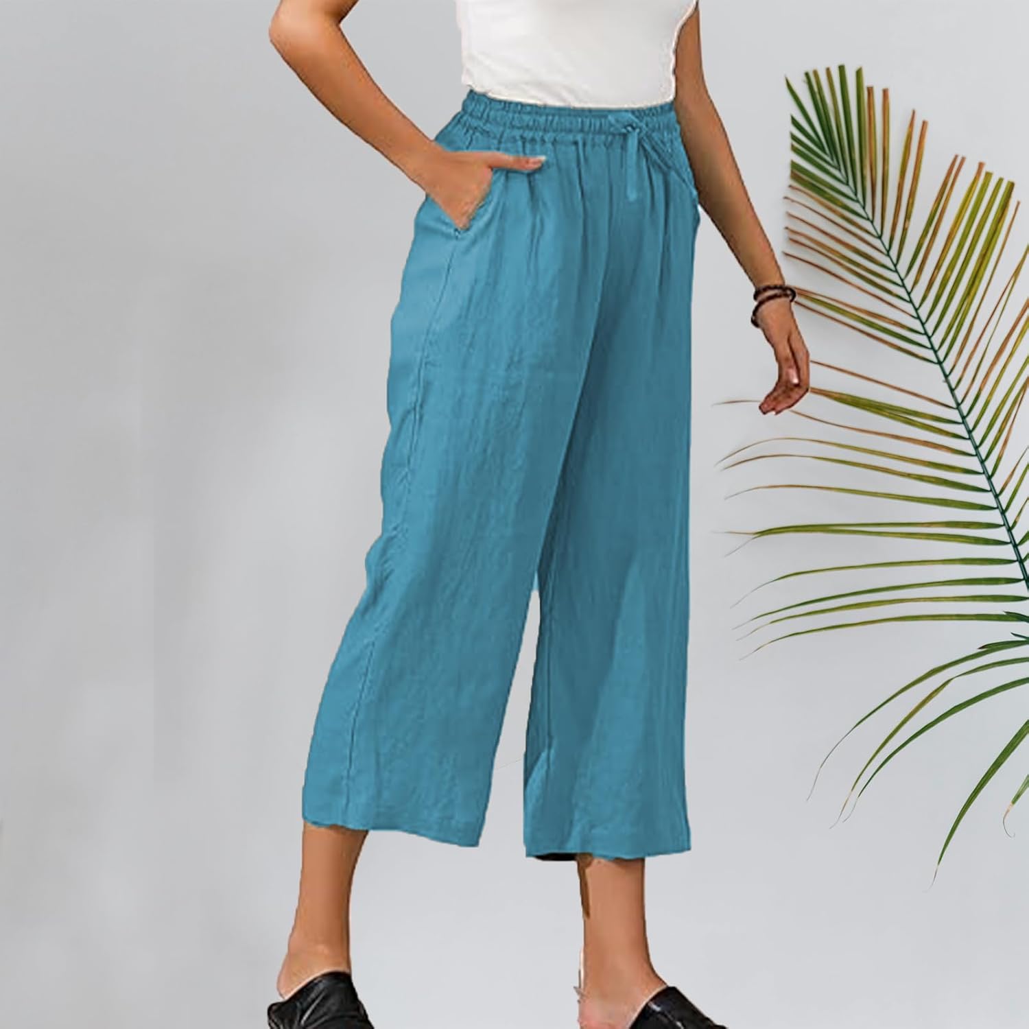 Capri Pants for Women 2025 Summer Drawstring Elastic High Waist Casual Capris Straight Wide Leg Cotton Linen Pants - Image 3
