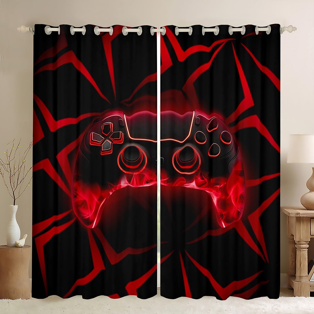 Manfei Games Kids Blackout Curtain Black Red Geometry Gamepad Window Drapes for Boys Girls Room Decor, Red Flame Gamer Window Treatments, Grommet Top 2 Panel Set Bedroom Curtains, 66Wx72L inch โ image 1