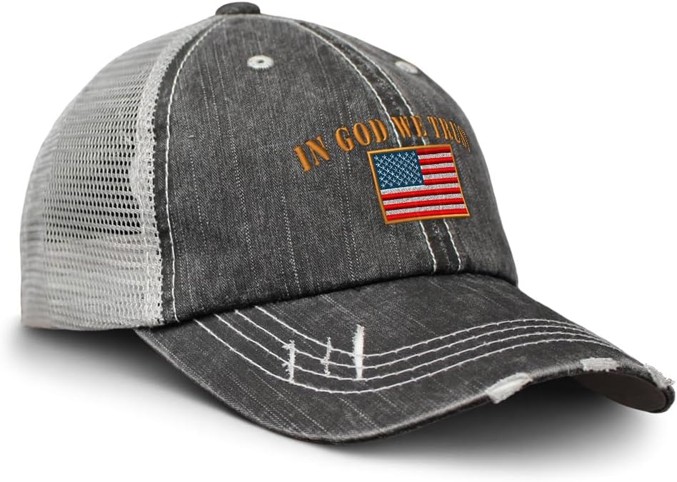Soft Mesh Cap Hat Embroidered in God We Trust American Flag Embroidery Distressed Vintage Cap Cotton