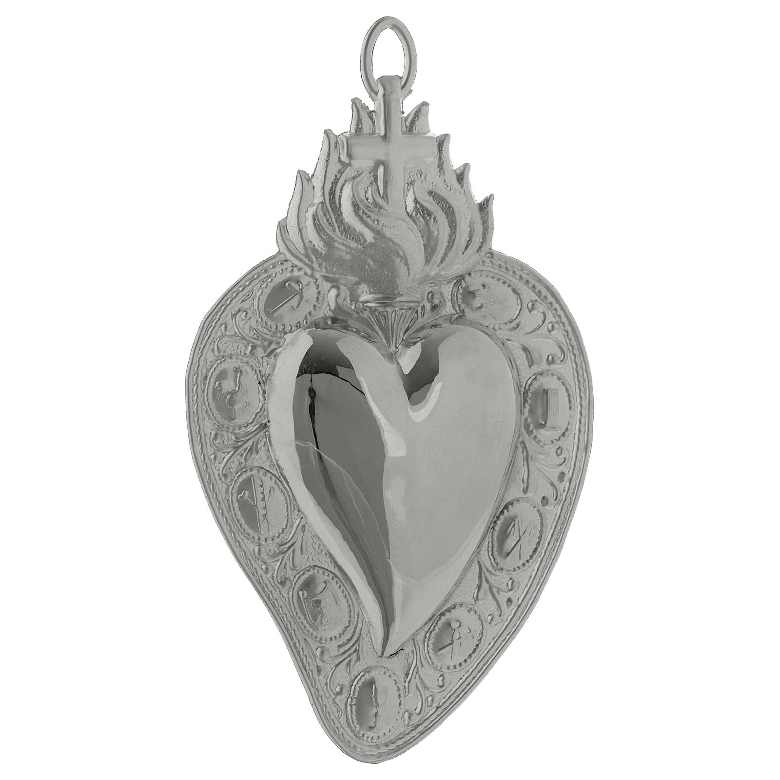 Holyart Ex-voto, Votive Heart with Cross and Flame 13.5x8cm, Silver