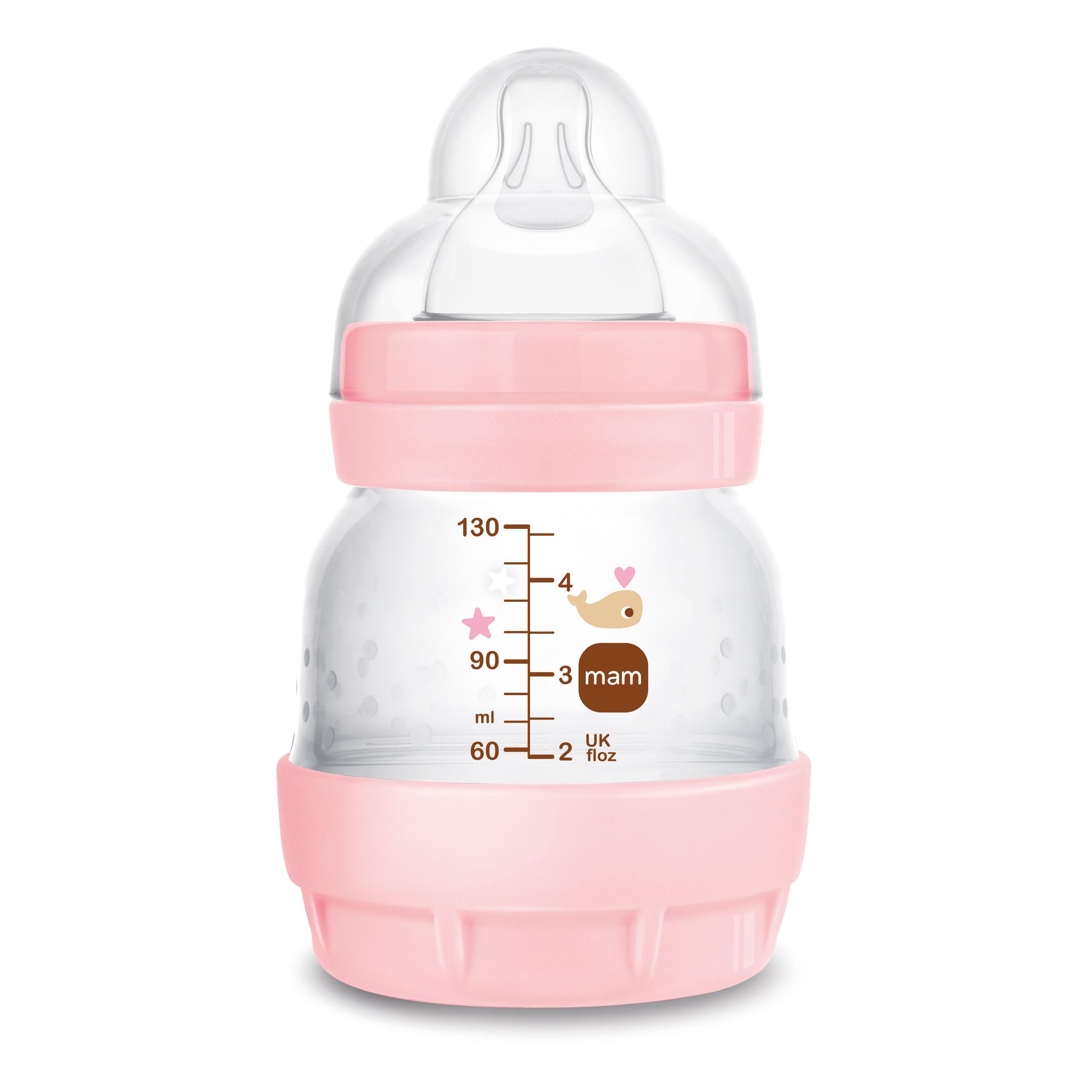MAM Biberon Easy Start 130 ml, Biberon anticolica per allattamento misto che riduce le bolle d'aria e il rischio di coliche, Accessori neonati autosterilizzanti e con tettarella misura 1, Rosa