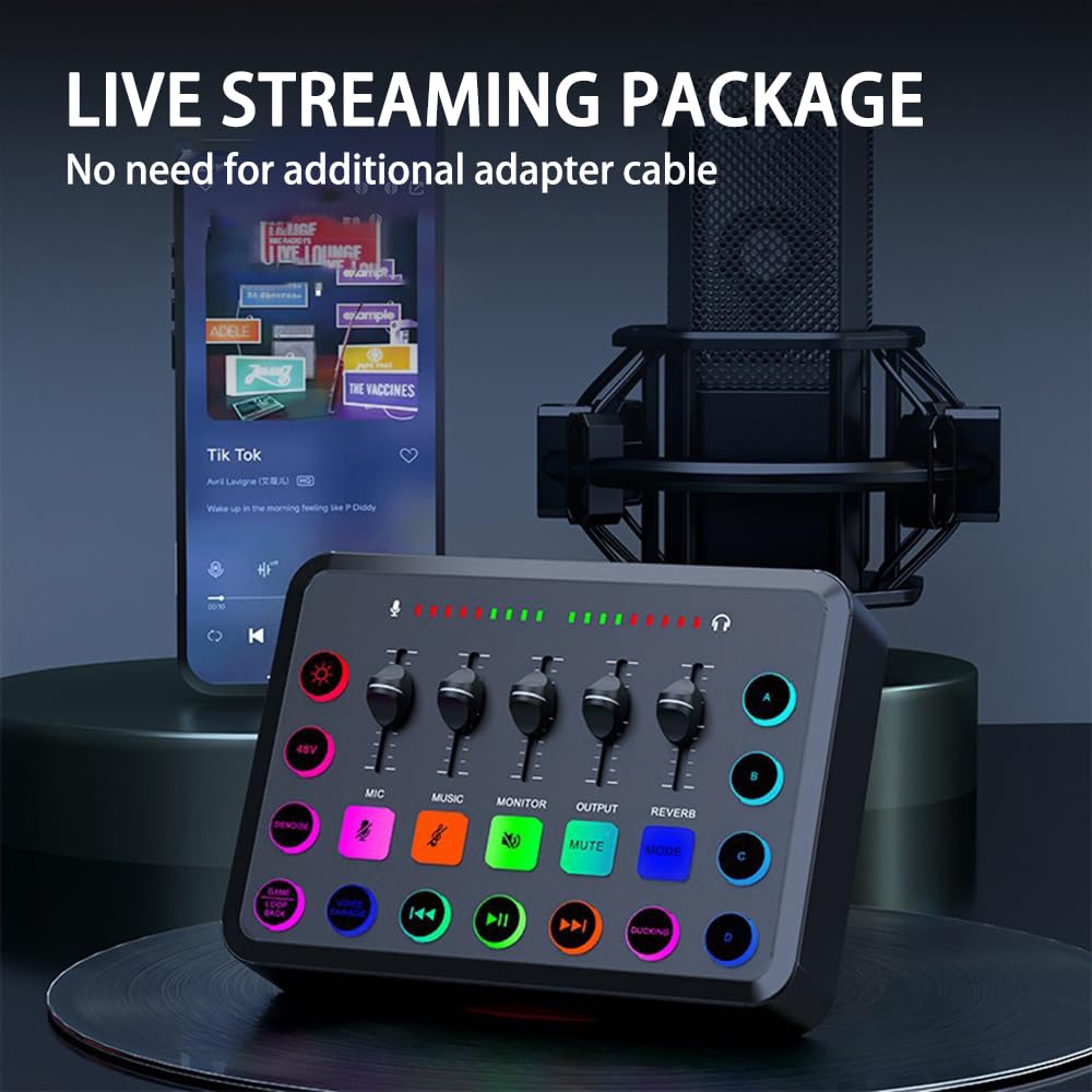 Mixer for Giochi con Scheda, Streaming Mixer RGB a 4 canali con interfaccia Microfono XLR, for Voce di Gioco, Podcast