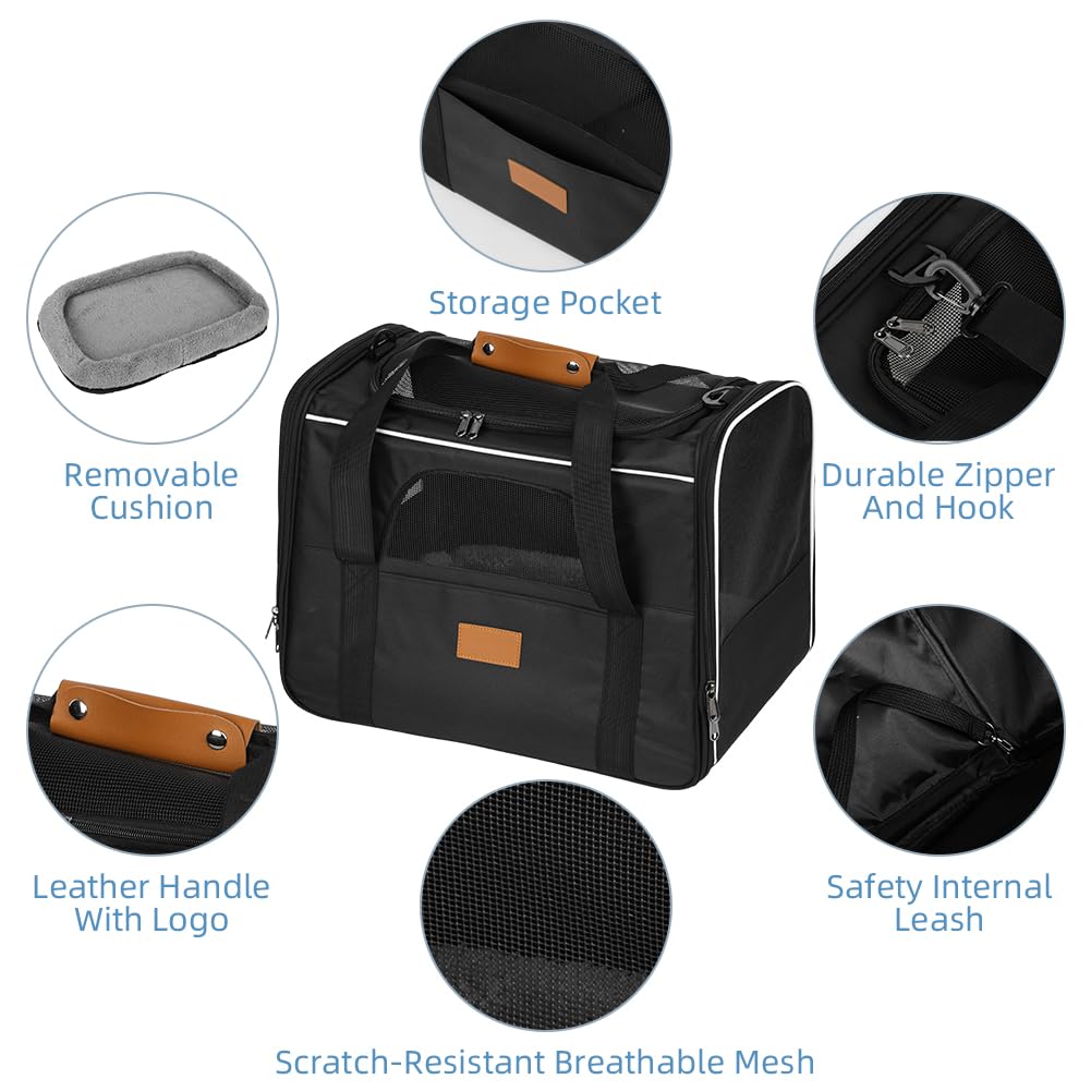 Katzentragetasche,Katzen Transportboxen Mit Verstellbarem Schultergurt,Atmungsaktive Hundetasche Transportbox mit Faltbare Schale und Weiches Kissen,für große Katzen und Welpen bis 7kg,Schwarz
