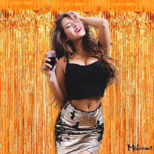 Image of 4 Pack Orange Fringe Curtain Backdrop, 3.2Ft x 6.6Ft Metallic Tinsel Foil Fringe Streamers Background for Photo Booth Birthday Wedding Baby Shower Carnival Easter Mother's Day Party Decorations