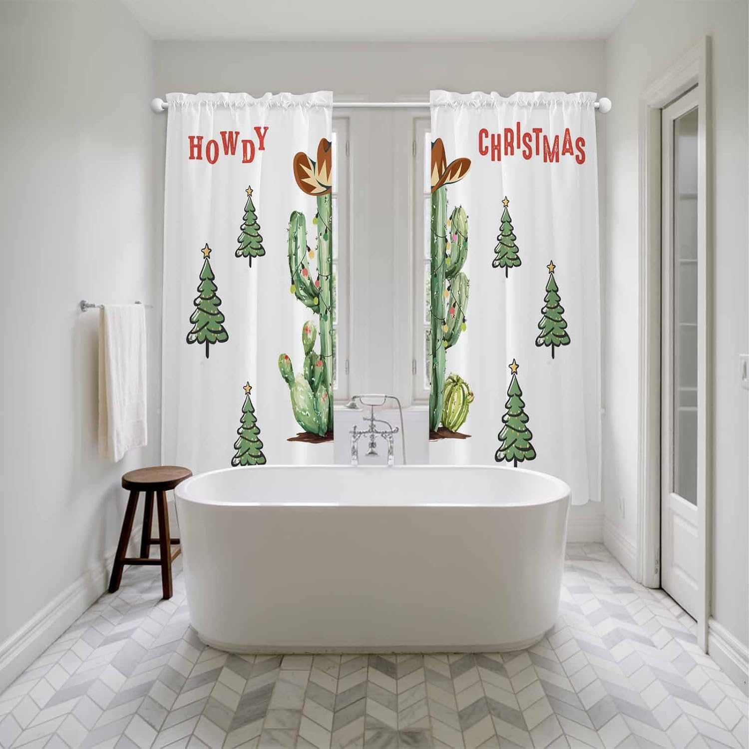 Tropical Christmas Window Curtains 72 Inch Long 2 Panel Set, Rod Pocket Long Curtains & Drapes, Xmas Trees Western Cowboy Cactus Light Filtering Window Treatment for Bedroom Living Room 52"W x 72"L