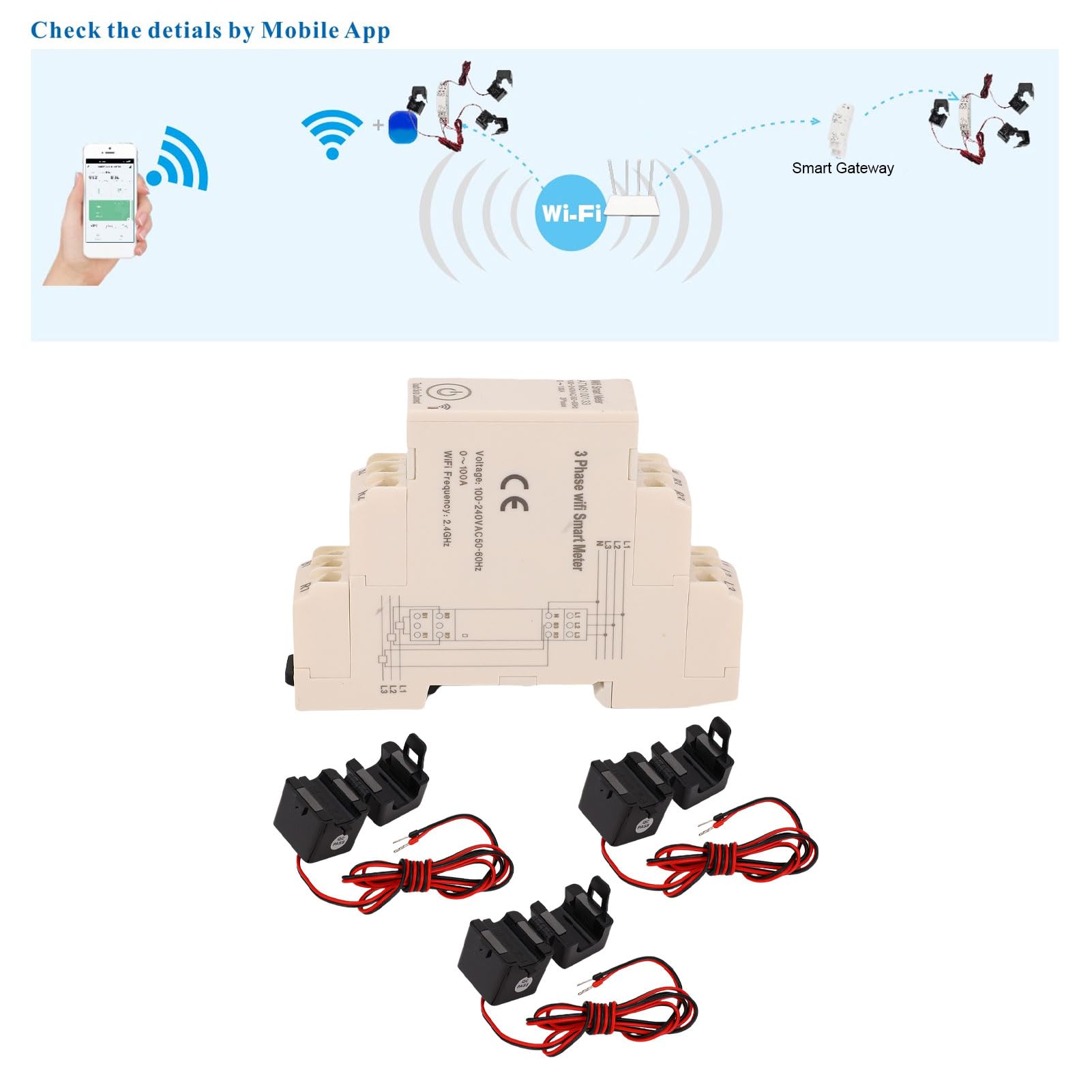 Acouto Licznik Energii 0-100A 3-fazowy Pilot Aplikacji Licznik Energii Elektrycznej z 3 szt. Czujnikami Prądu 100A do urządzeń WiFi Usag -fazowy EnergiiInteligentny EnergiiSmart Power