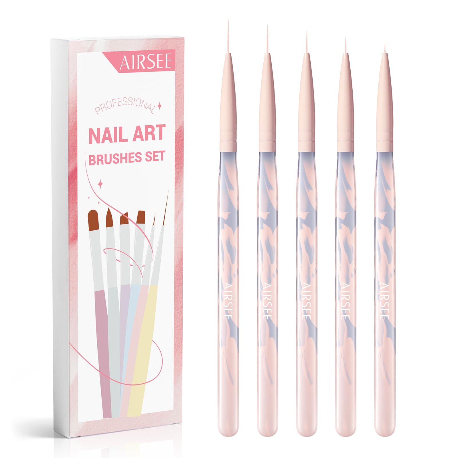 AIRSEE 5Pcs Nail Art Liner Brushes, Size 5/7/9/11/15mm for Gel Polish,Pink