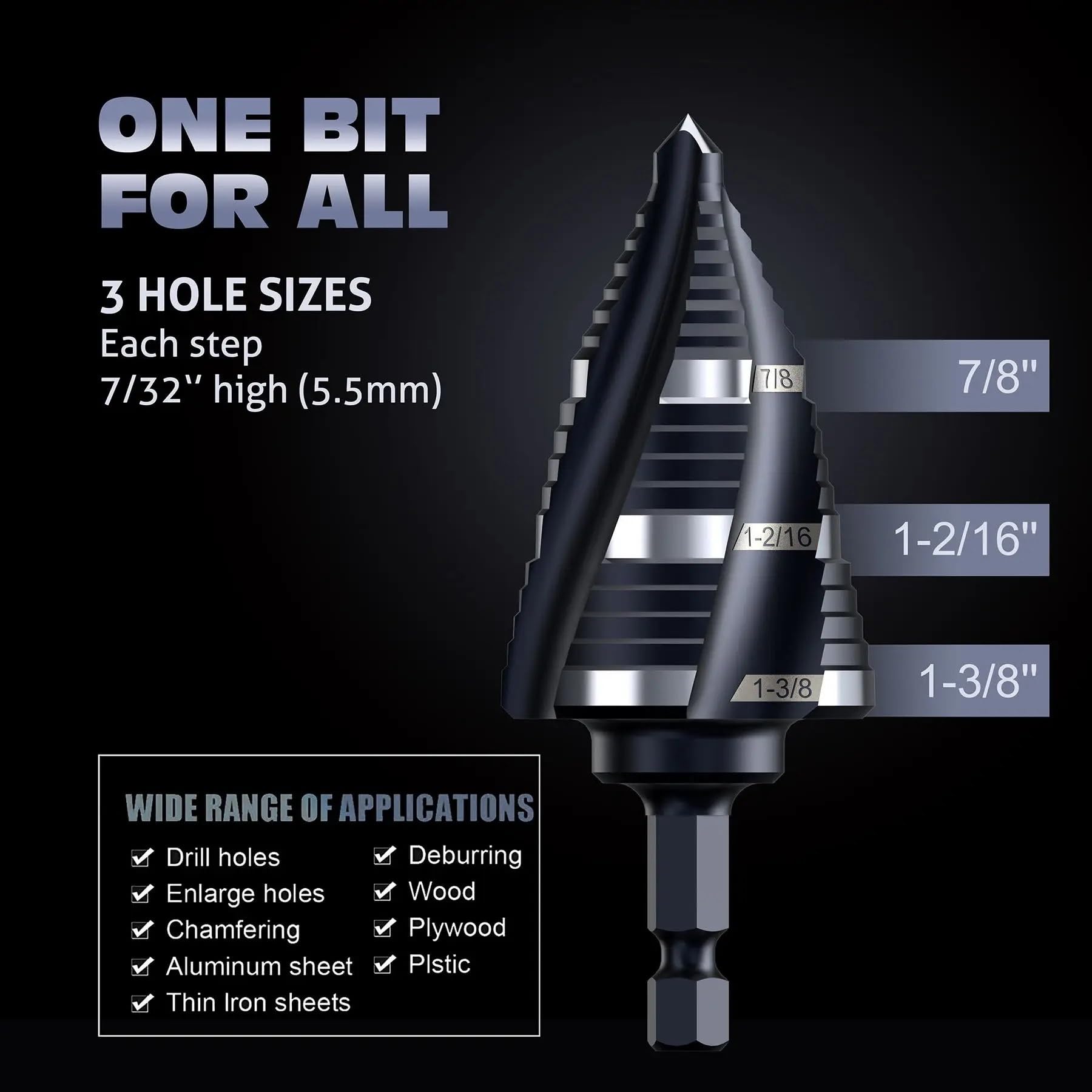 Punta A Scalare Punta Da Trapano A Gradini HSS Al Cobalto M35 | Punta a gradino Unibit con 4 scanalature a spirale da 1/8"-1/2" Gambo da 1/4" rivestito in Tiain resistente all'usura(OR03)