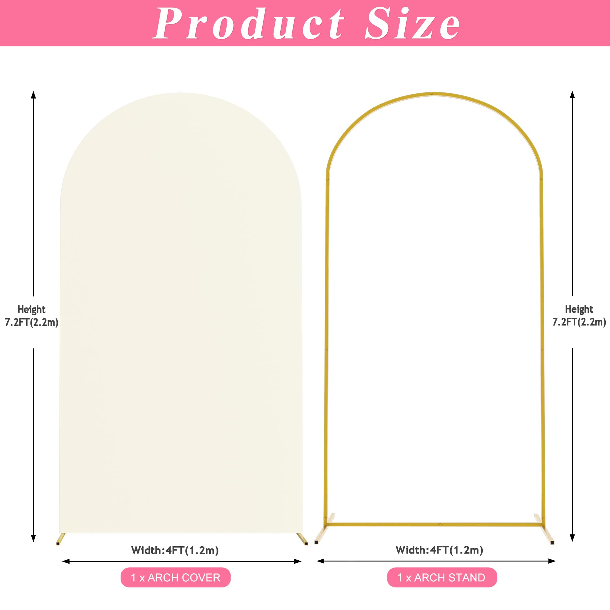 Putros 7.2ft Metal Arch Stand with Cover Ivory Spandex Fitted Wedding Arch Cover and Round Top Chiara Backdrop Stand Set for Birthday Party Baby Shower Decoration