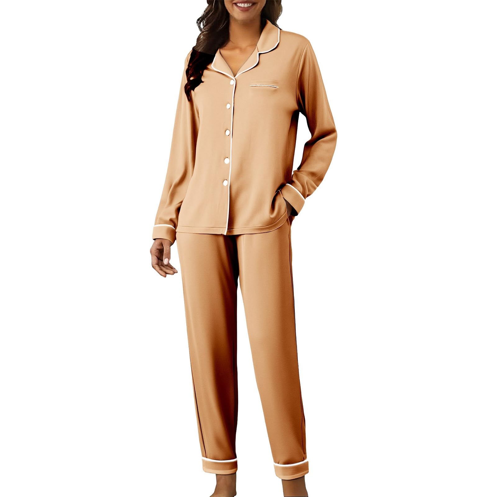 Generisch Pijama de mujer de satén, largo de manga larga, juego de pijama con tira de botones, camiseta de dormir y pantalones de pijama, 2 piezas, traje de casa con cuello de pico, conjuntos de dos