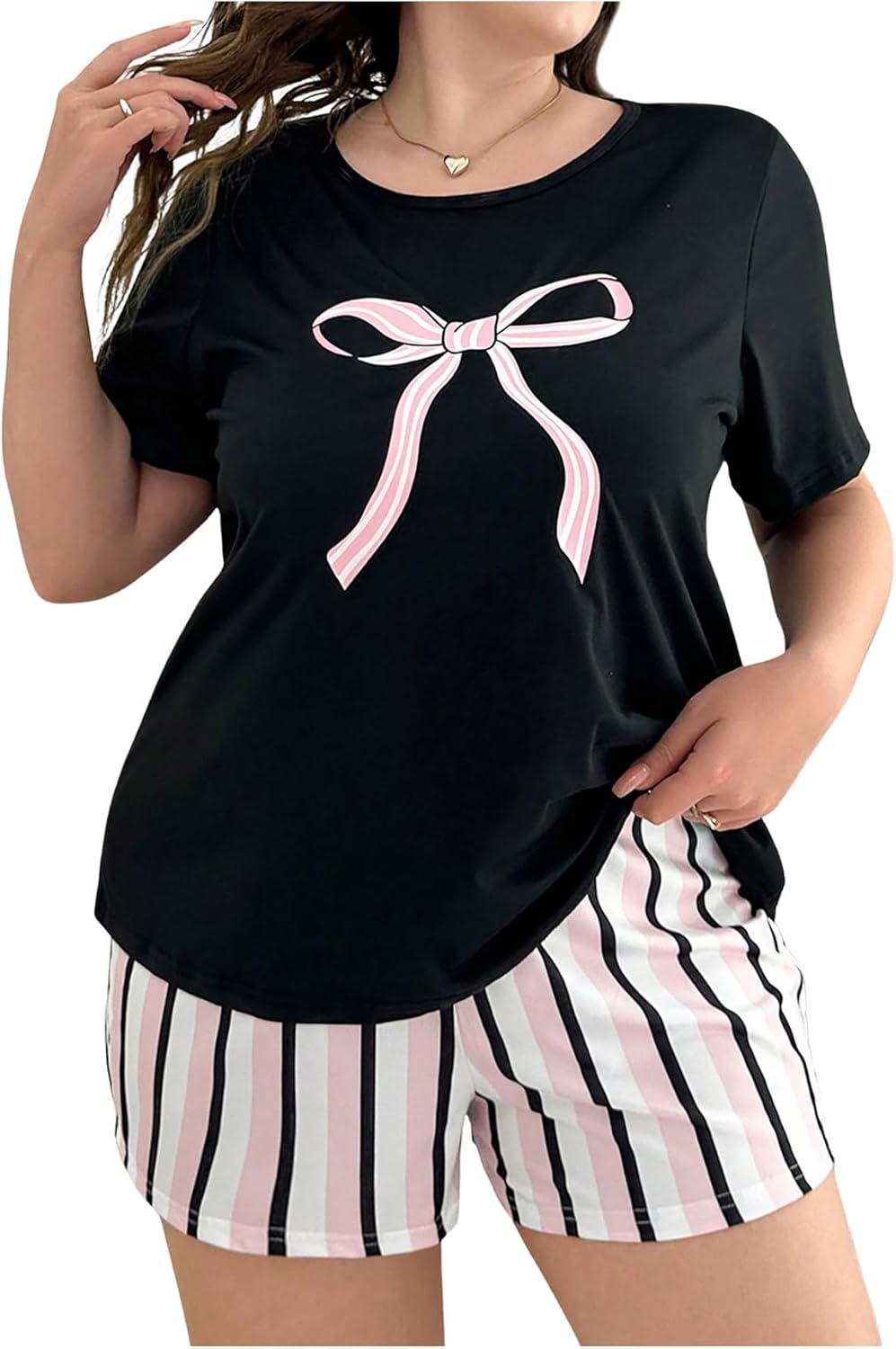 GORGLITTER Women's Plus Size Pajama Set 2 Piece Letter Short Sleeve Shirt Plaid Boxer Shorts Pjs Lounge Sets