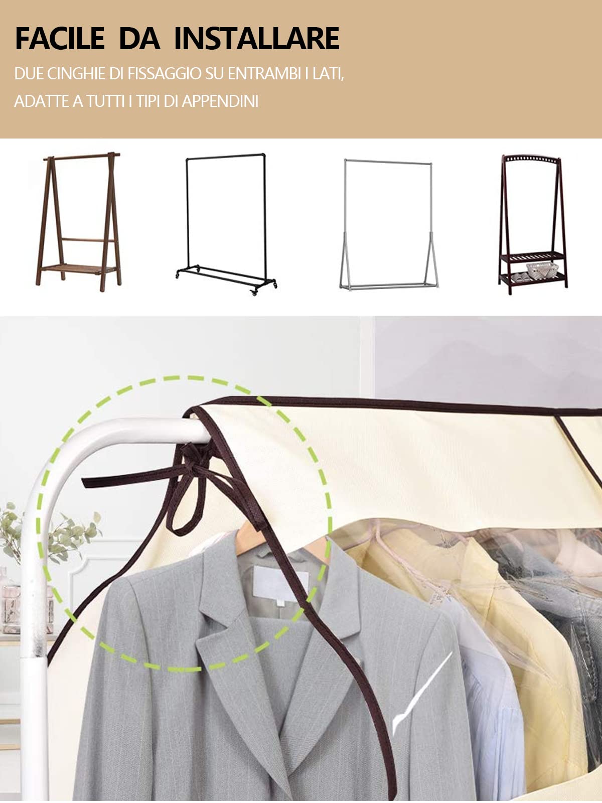 Copriabiti Antipolvere Per Armadio - 2 Pezzi 90x110 Cm, Tessuto Traspirante Con Finestra Visiva, Beige - Foto 7