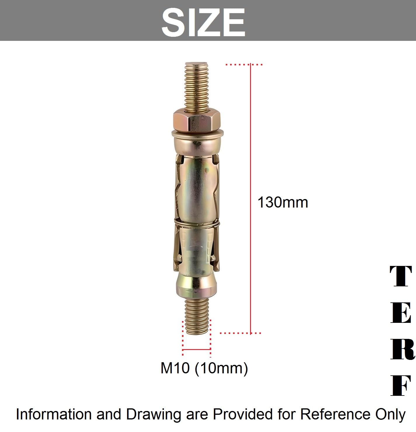 TERF® M10 X 130mm Projecting Bolts M10 X 130mm (M10:60P) Zinc or Zinc Yellow Passivated Steel Masonry Shield Anchor Bolt - Pack of 4 - Image 3