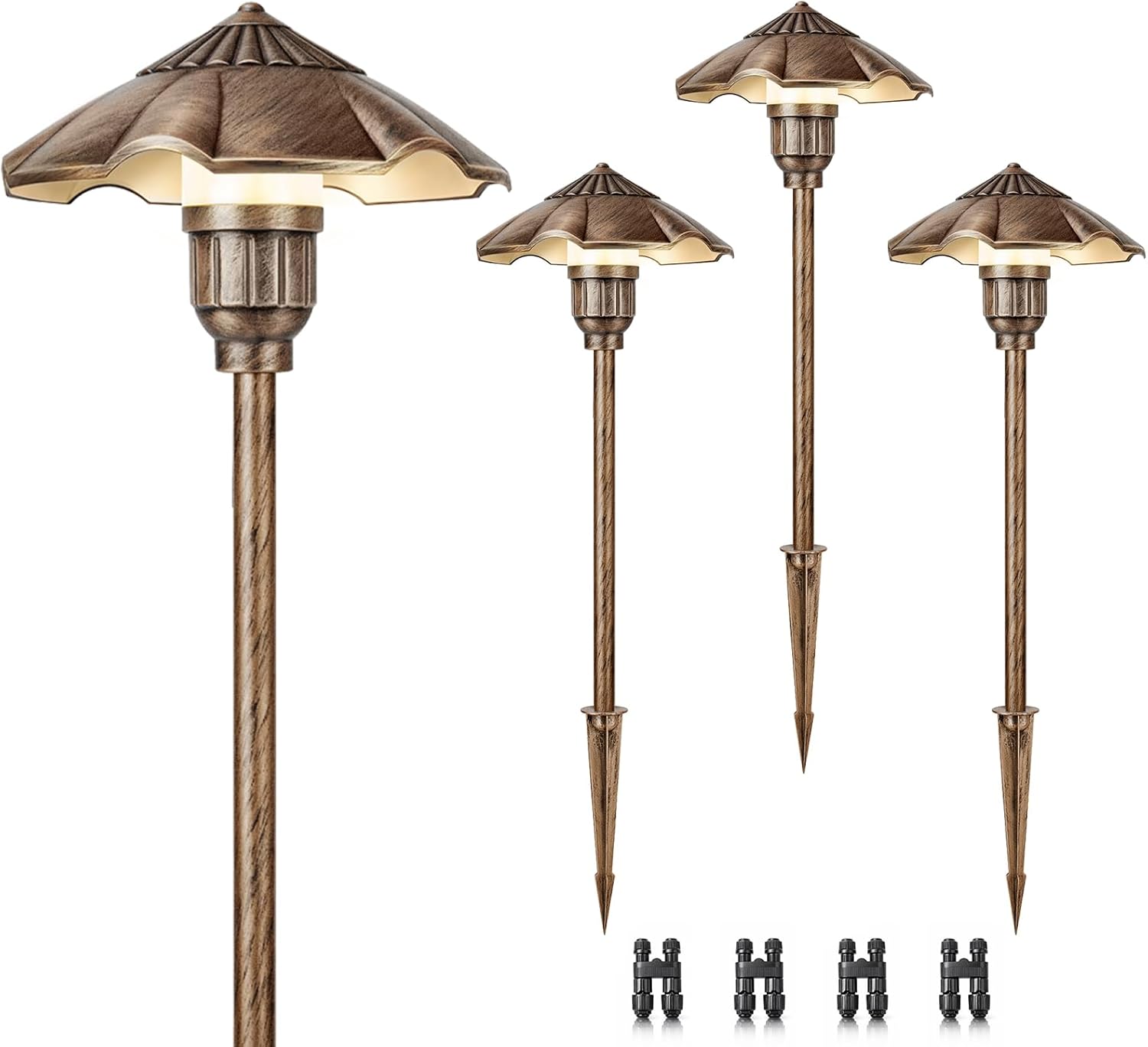 Low Voltage Landscape Lighting 4-Pack, Aluminum 12-24V AC/DC 2900K Pathway Lights, Waterproof Oil Rubbed Bronze Color Wired Path Lights with Connectors for Walkway Yard Garden