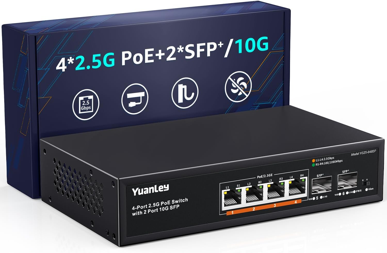 6 Port 2.5G PoE Switch Unmanaged, 4 x 2.5G Base-T PoE Ports, 2 x 10G SFP, IEEE802.3af/at, 78W, Compatible with 100/1000/2500Mbps, VLAN Fanless, Desktop/Wall Mount 2.5Gbe Network Switch