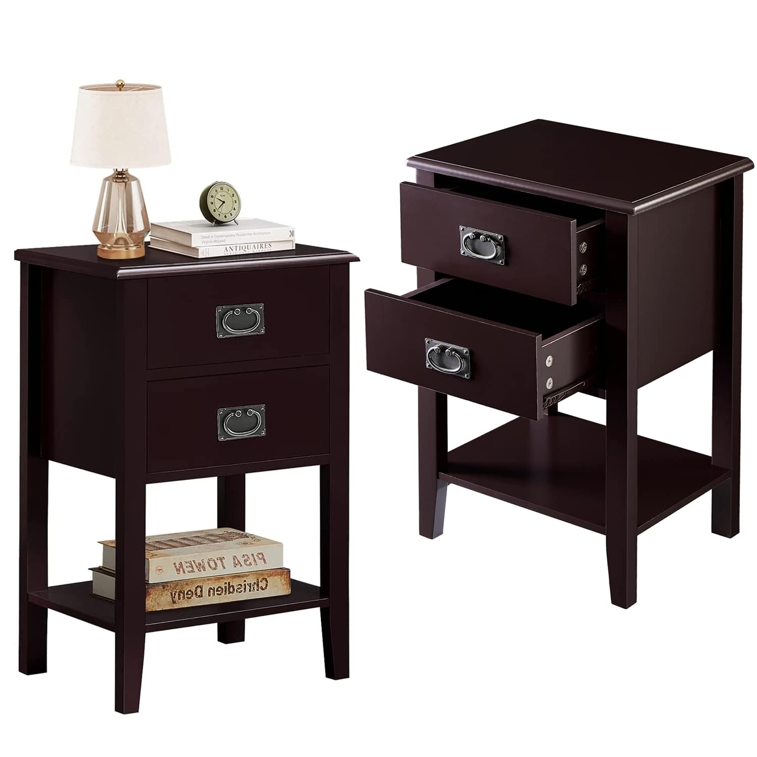VECELO Nightstand End Side Table with Two Drawer, Night Stand Storage Cabinet for Living Room, Bedroom Bedside Vintage Small Space, Solid Wood Legs, Espresso