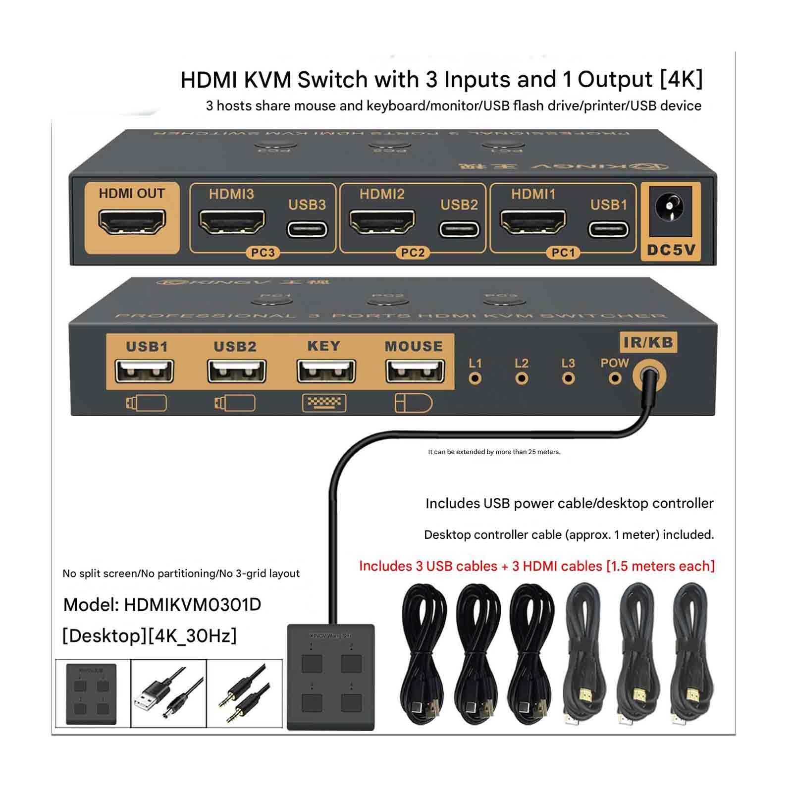 Switch/distributore KVM, con 3 Ingressi HDMI E Porta di Uscita 4K A 60 Hz/Porte USB; 3 Computer Condividono 1 Set di Tastiera, Telecomando Cablato E Cavo di Alimentazione Dati