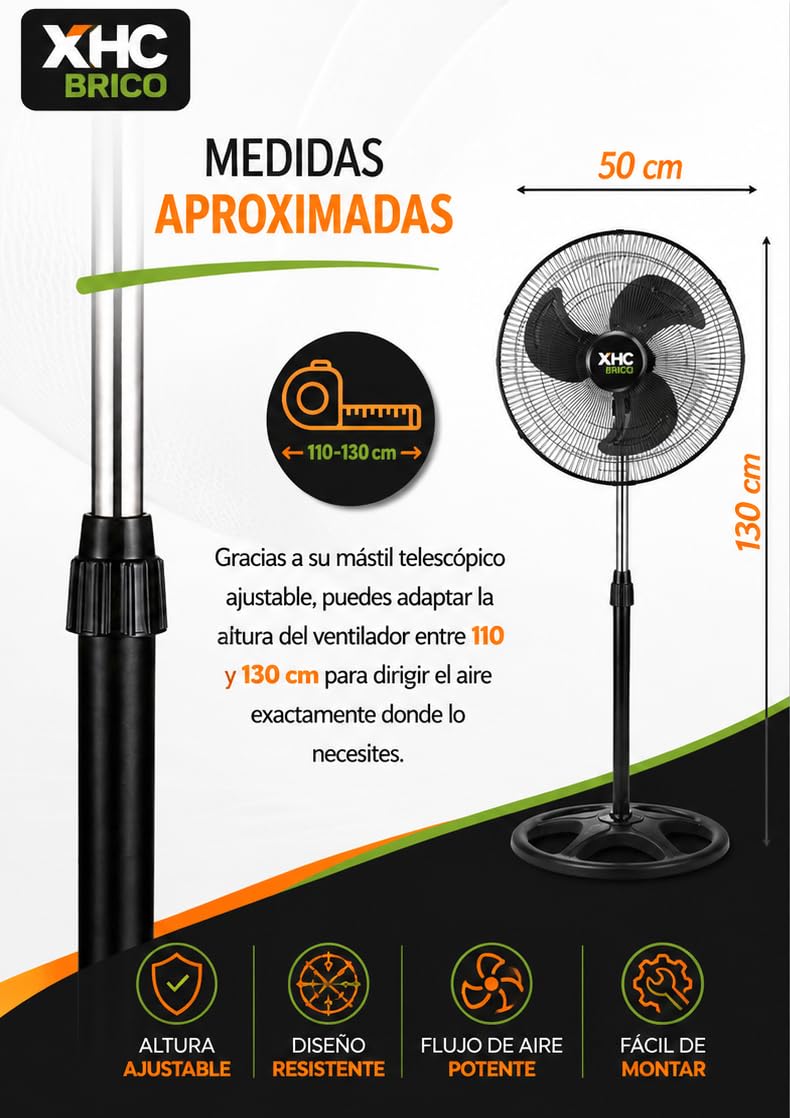 Ventilador de Pie 90W, Silencioso, Oscilante 3 Velocidades, Altura Ajustable 110 a 130 cm, Base Redonda, Aspas de 45 cm, Apto para Hogar, Oficina y Almacén, 1 Unidad, Color Negro