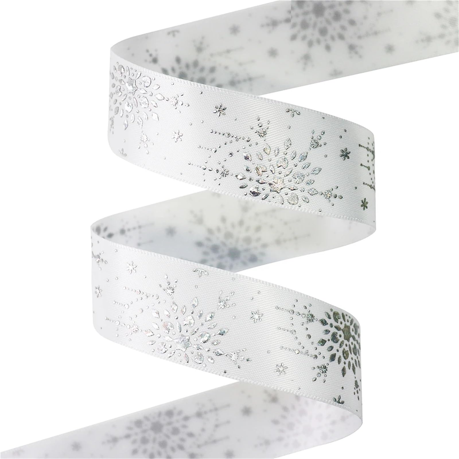Nastro Con Stampa A Caldo Nastro di raso stampato con fiocco neve in lamina d'argento al laser da 25 mm for l'imballaggio decorazioni for feste Accessori for cucire fai-da-te(White,50Yards)