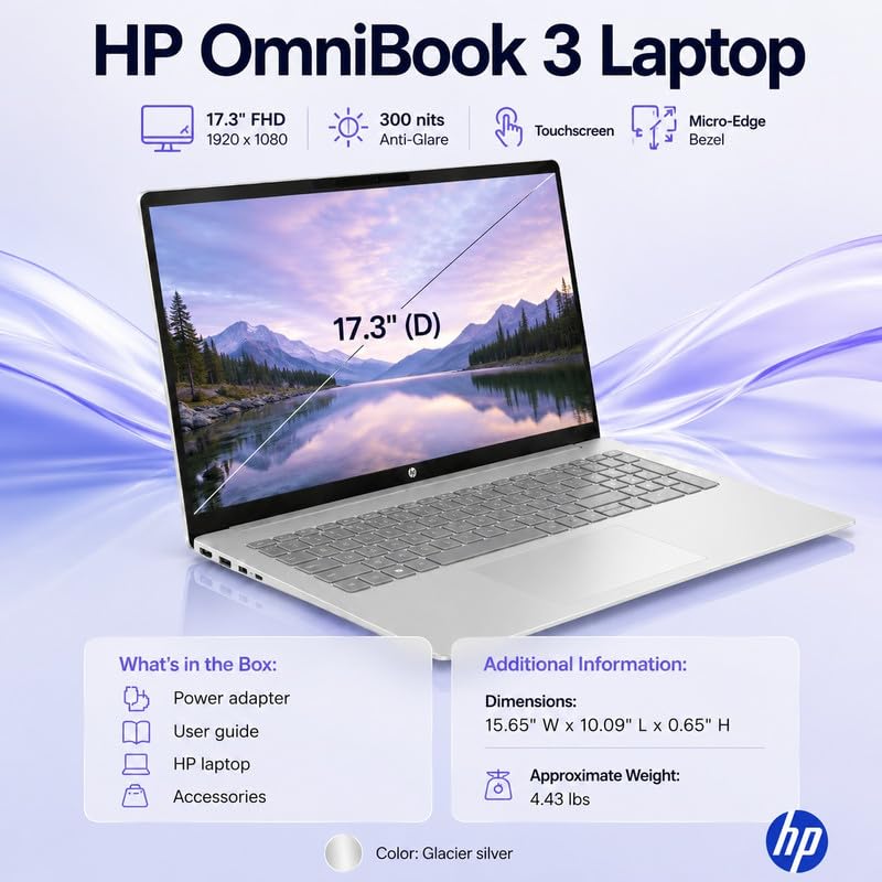 Image of HP OmniBook 3 17.3 inch Touchscreen Laptop, Ryzen 5 130, 16GB RAM, 1TB