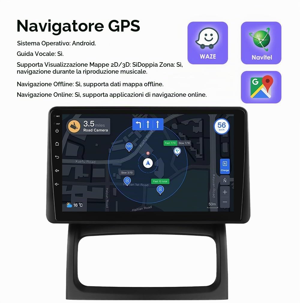 Autoradio Android 14 da 9 pollici per Renault Clio 2 2000-2012 Memoria, supporta Carplay/Android Auto wireless, comandi al volante, WLAN/4G, AM/FM 4 core 2 GB & 64 GB