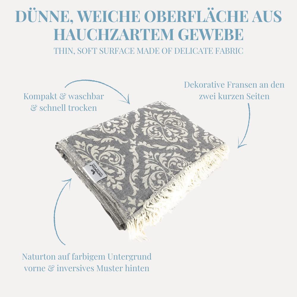 Carenesse Jacquard Tagesdecke Single Size Barock 150 x 200 cm grau I Edle & zarte Wendedecke aus 100% Baumwolle mit hochwertiger Webung I Überwurf für Bett & Sofa I Wohndecke dünn & leicht