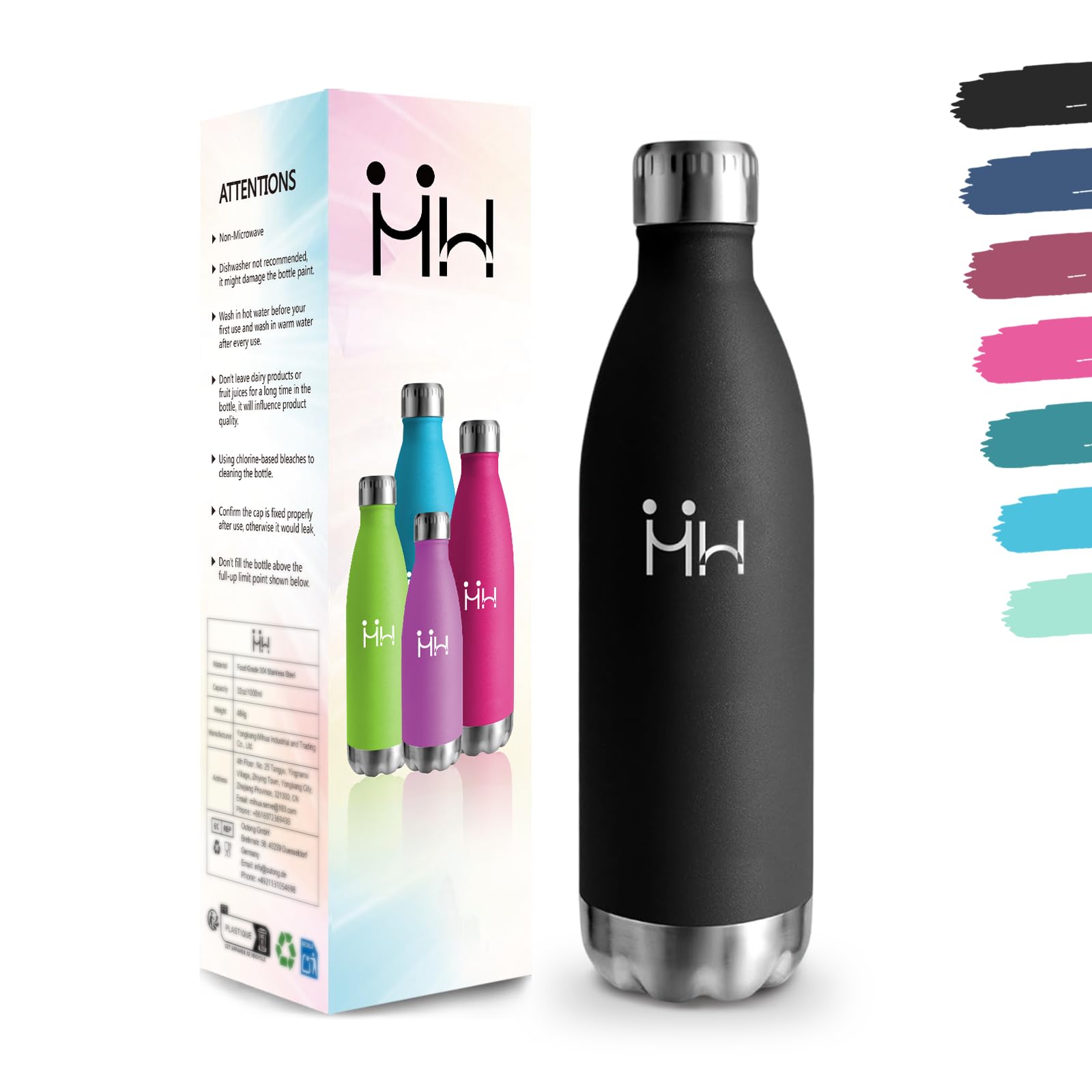 Drinking Bottle, 1000 ml BPA-Free, 304 Stainless Steel Water Bottle, Double-Walled Vacuum Insulated Flask for Camping, Office, Climbing Mountains, Hiking - Black Leak-Proof