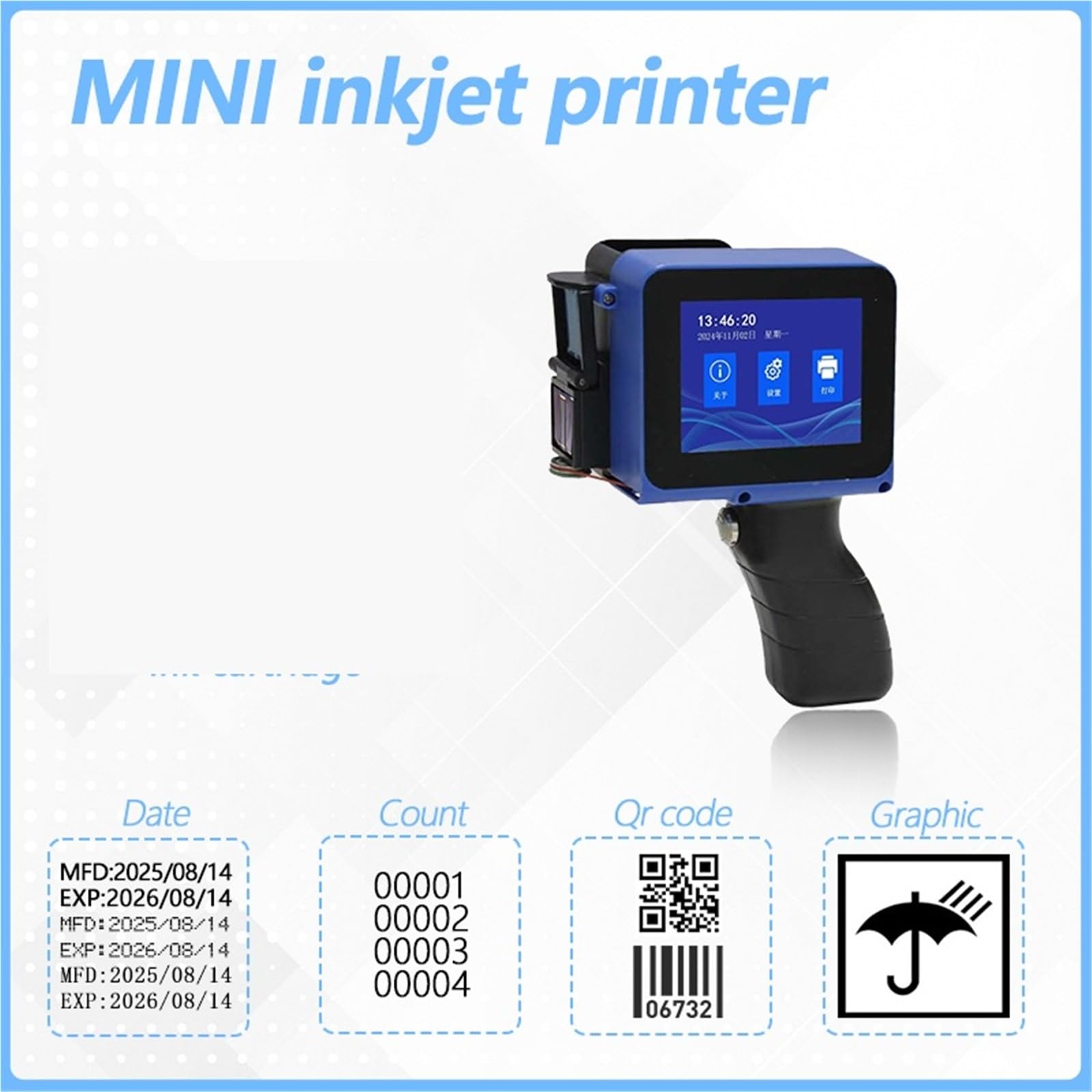 Stampante portatile, Mini stampante a getto d'inchiostro portatile 12,7 mm data batch QR macchina for codici a barre inchiostro ad asciugatura rapida for bottiglia di cartone metallo Woo