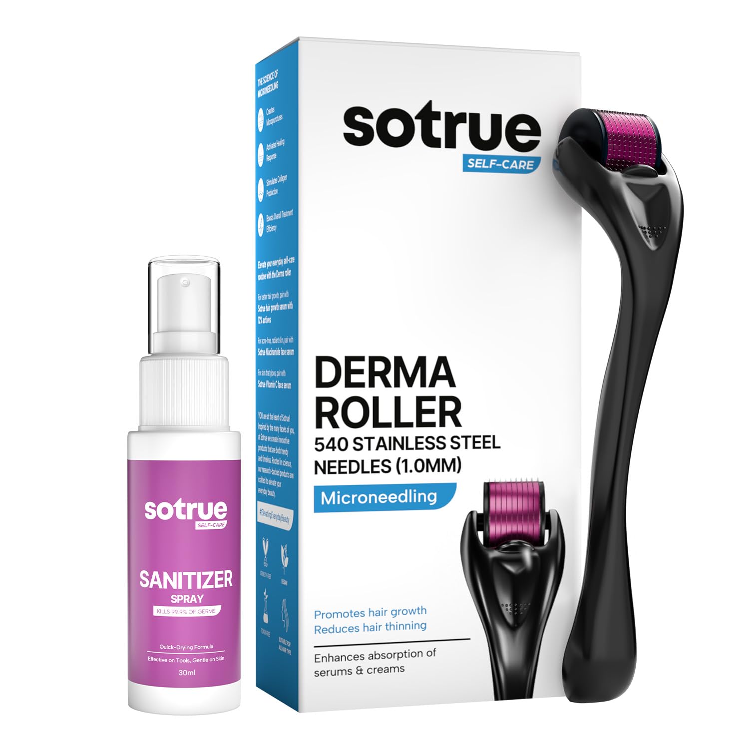Sotrue Derma Roller 1mm with Sanitizer | 540 Stainless Steel Needles | Derma Roller for Hair Growth & Thickening, Repair Damages and Activates Hair Follicles, Reduces Acne Scars (Black)