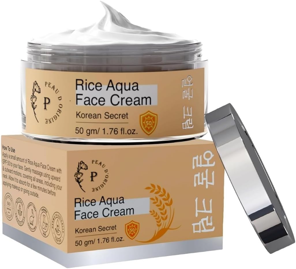 Rice Ceramide Moisturizing Cream with SPF 50, Non-Comedogenic Korean Face Moisturizer, Niacinamide-Infused Glass Skin Rice Water Cream With Sunscreen, Korean Skincare (50gm/1.76 fl.oz)