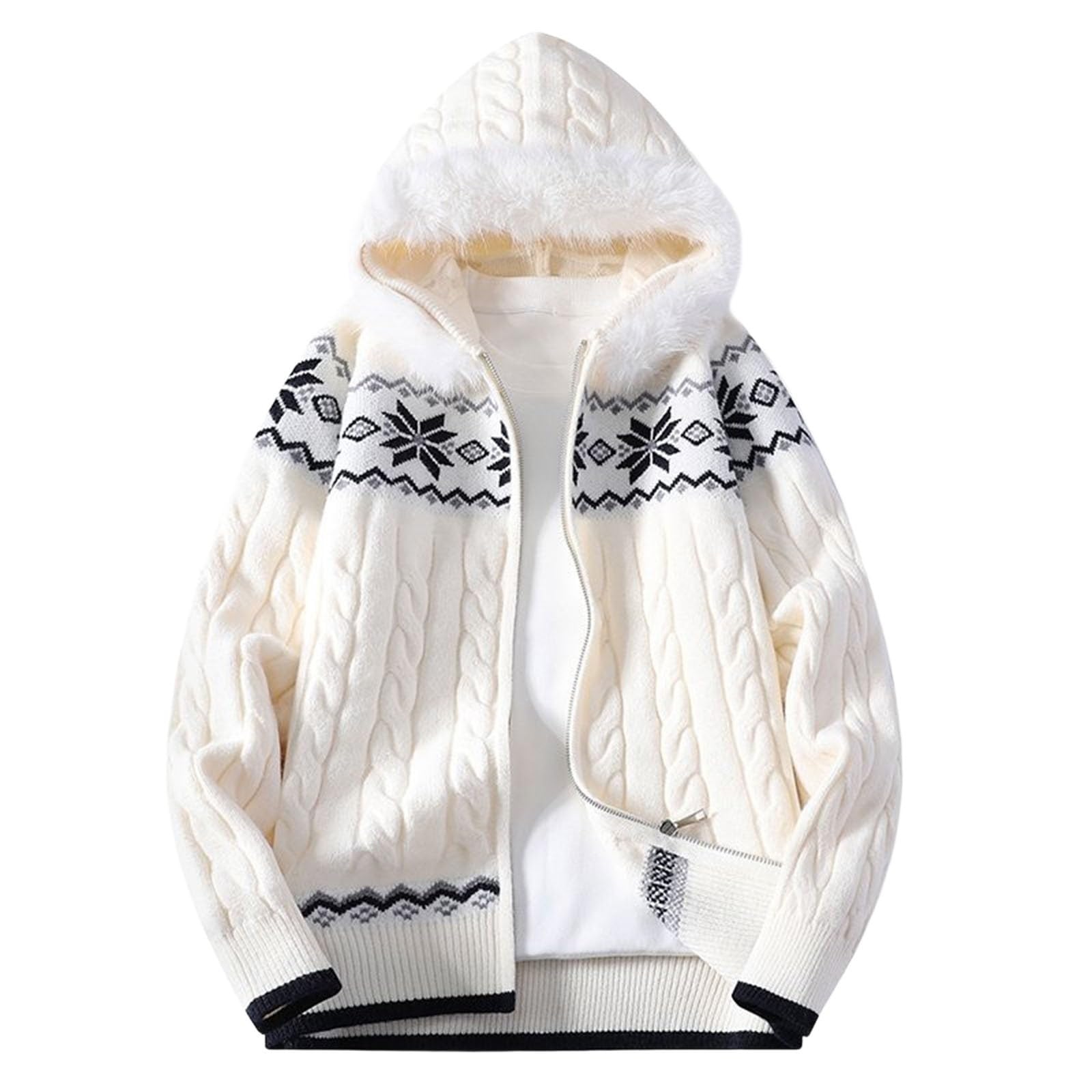 Generisch Maglione da uomo a collo alto, con cappuccio, grande dimensione, maglione invernale da lavoro, collo sciallato, con cappuccio, a maglia grossa, con collo alto
