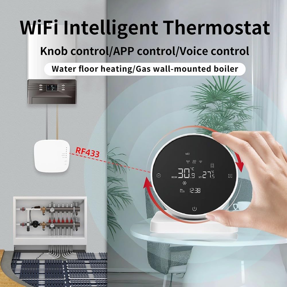 Termostato programable para Tuya Life App sistema de caldera de calefacción por suelo de agua, receptor inalámbrico RF433, pantalla LCD giratoria para dial USB blanco (WIFI)
