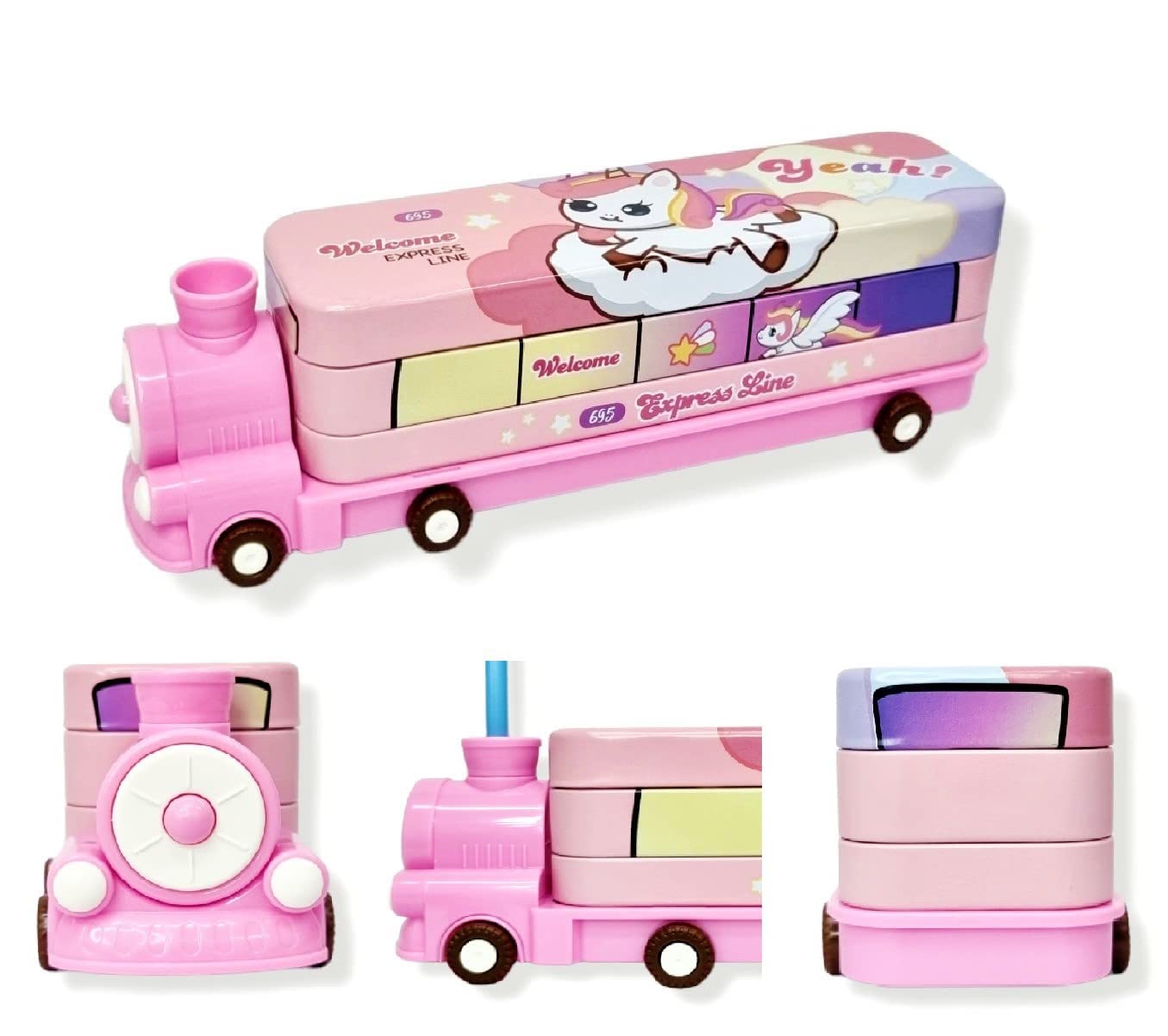 ikis Train Pencil Box for Kids with Moving Tyre's & Sharpener Geometry Case for Boys & Girls
