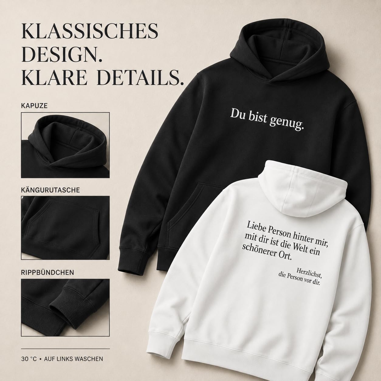 Du bist genug Hoodie Unisex - Kapuzenpullover mit Motivationsspruch Pullover Damen Herren