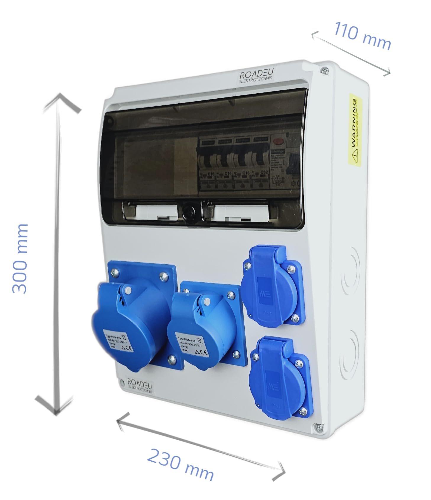 RoadEu | Cuadro Eléctrico Monofásico IP44 | Caja de Distribución Precableada con Interruptor Diferencial FI & Magnetotérmicos | 1x Toma CEE 32A, 1x CEE 16A & 2x Tomas 230V