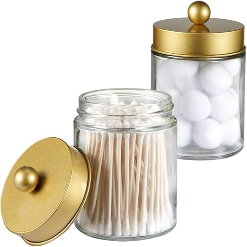 Amolliar Apothecary Jars Bathroom Storage Organizer -Countertop Storage Organizer Canister Jar - Cute Qtip Dispenser Holder Glass with Lid- for Cotton Swabs,Bath Salts,Hair Band / 2-Pack(Gold)
