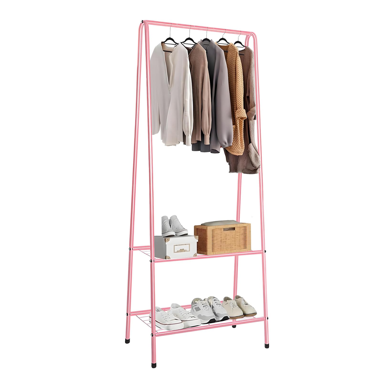 BREEZENEST Clothes Rack Metal Garment Rack 60cm x 36 x 151cm Clothing Rail with 2-Tier Storage Shelves Coat Stand Hanging Rail Tidy Rails for Bedroom Dormitory Hallway Entryway Pink