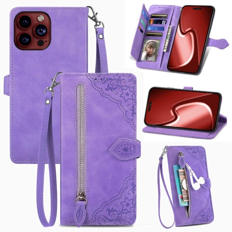 Étui en cuir pour iPhone 13 mini violet haut de gamme à rabat et fermeture éclair