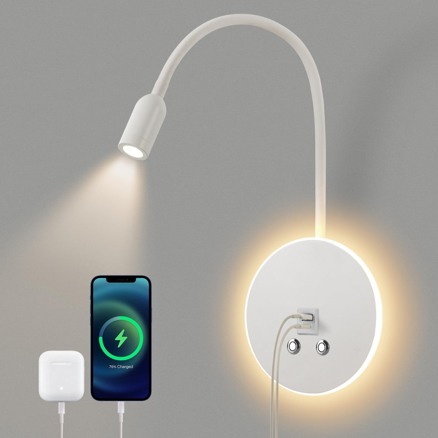 LED Reading Light 3000K Wall Reading Lamp (3W+6W) Bed Lamp with Touch Brightness Adjustment and USB Port, Swivel Gooseneck for Bedroom White