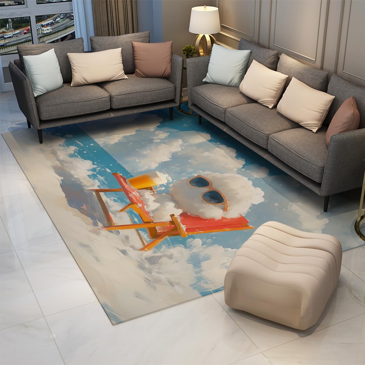 Großer Wohnzimmerteppich 160x230cm Niedliche Wolkenteppiche Weiche Maschinenwaschbar für Boho Bauernhaus Schlafzimmer rutschfest Neutral Morden Indoor für Home Office Orange Weiß