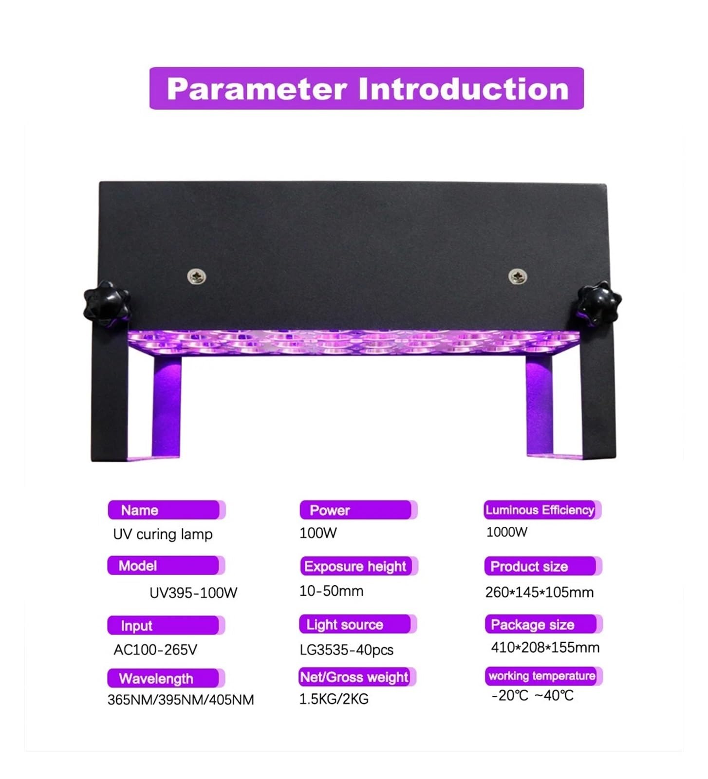 Lámpara de curado UV, Lámpara de curado UV portátil, 1000W, 365NM, 395NM, 405, tinta, barniz, pintura, adhesivo, pantalla seda, aceite, impresión 3D, placa PCB, secado rápido, OCA(395nm)