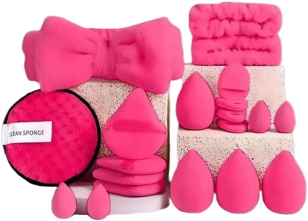 Makeup Sponge Set 20 Pcs with Headband - Multi Shape Beauty Blender for Foundation Powder Liquid - Face Puff Kit with Cleaning Sponge - Brown Aesthetic Makeup Tools for Women (Dark Pink)