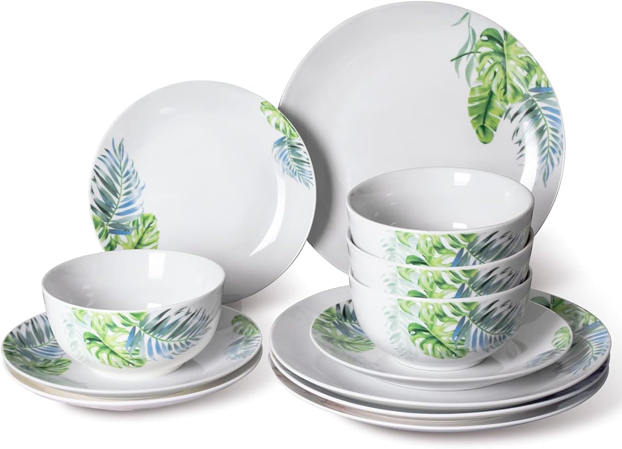 Xiteliy Ceramic Dinner Plate Sets, Plates, Bowls, 12 Pieces,Hemerocallis fulva Dinnerware Set Service For 4 (Green, TL-GBZ-D)