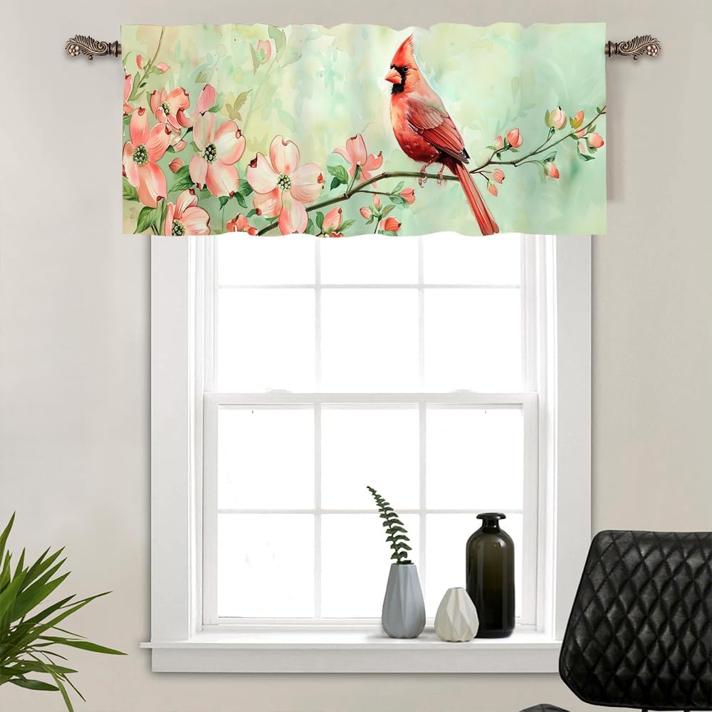 1 Panel Fantasy Bird Curtain Valance for Windows, Rustic Floral Tree Branch Rod Pocket Short Window Treatment Decor Drapes for Kitchen, Bathroom, 54" X 18"