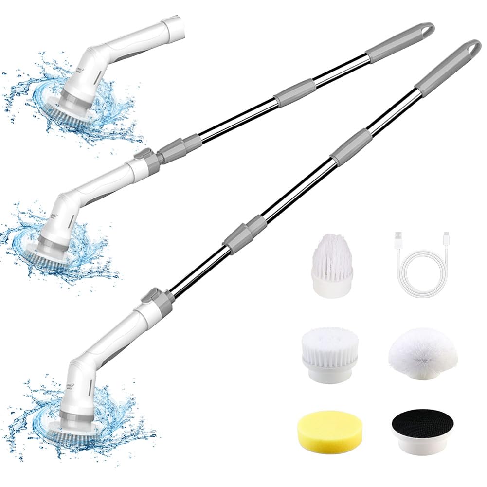 Cepillo de Limpieza Eléctrico Giratorio, 3 Cabezales de Cepillo, 1 Cabezal de Esponja, Mango Largo, IPX65 Resistente al Agua