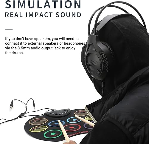 Miniatura 5 de Juego de batería electrónica, almohadilla de tambor electrónica, portátil, de color, enrollada a mano, para adultos, principiantes, instrumento de