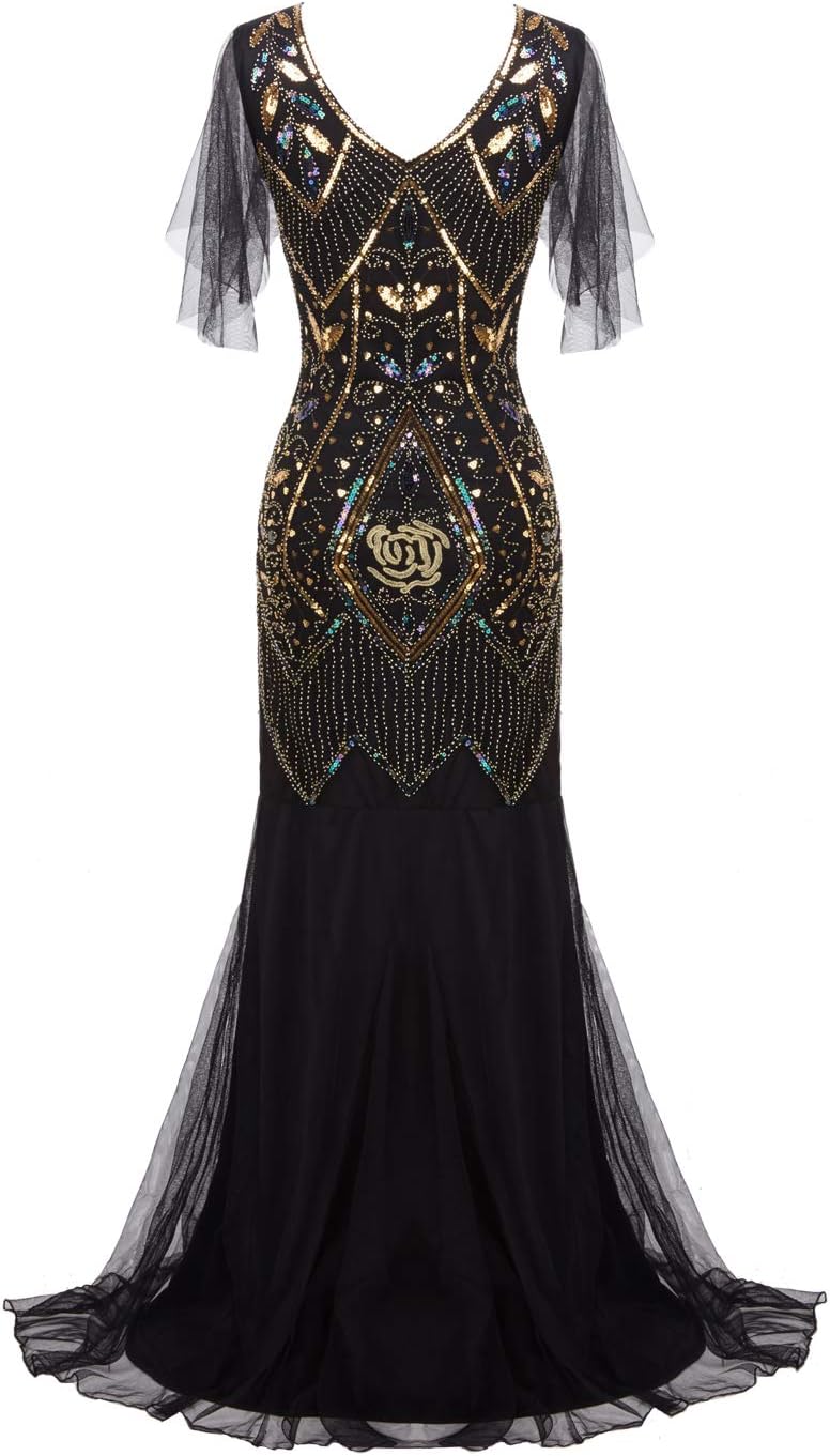 1920s Art Deco Sequin Maxi Dress, Vintage Flapper Gatsby Style, V-Neck with Tulle Sleeves, Long Evening Formal Gown - Image 9