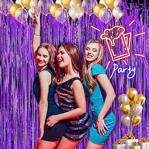 Image of 2 Pack 3.28 ft x 6.56 ft Purple Tinsel Curtain Party Backdrop - Metallic Foil Tinsel Fringe Backdrop Door Fringe for Birthday Graduation Wedding Party Photo Backdrop.